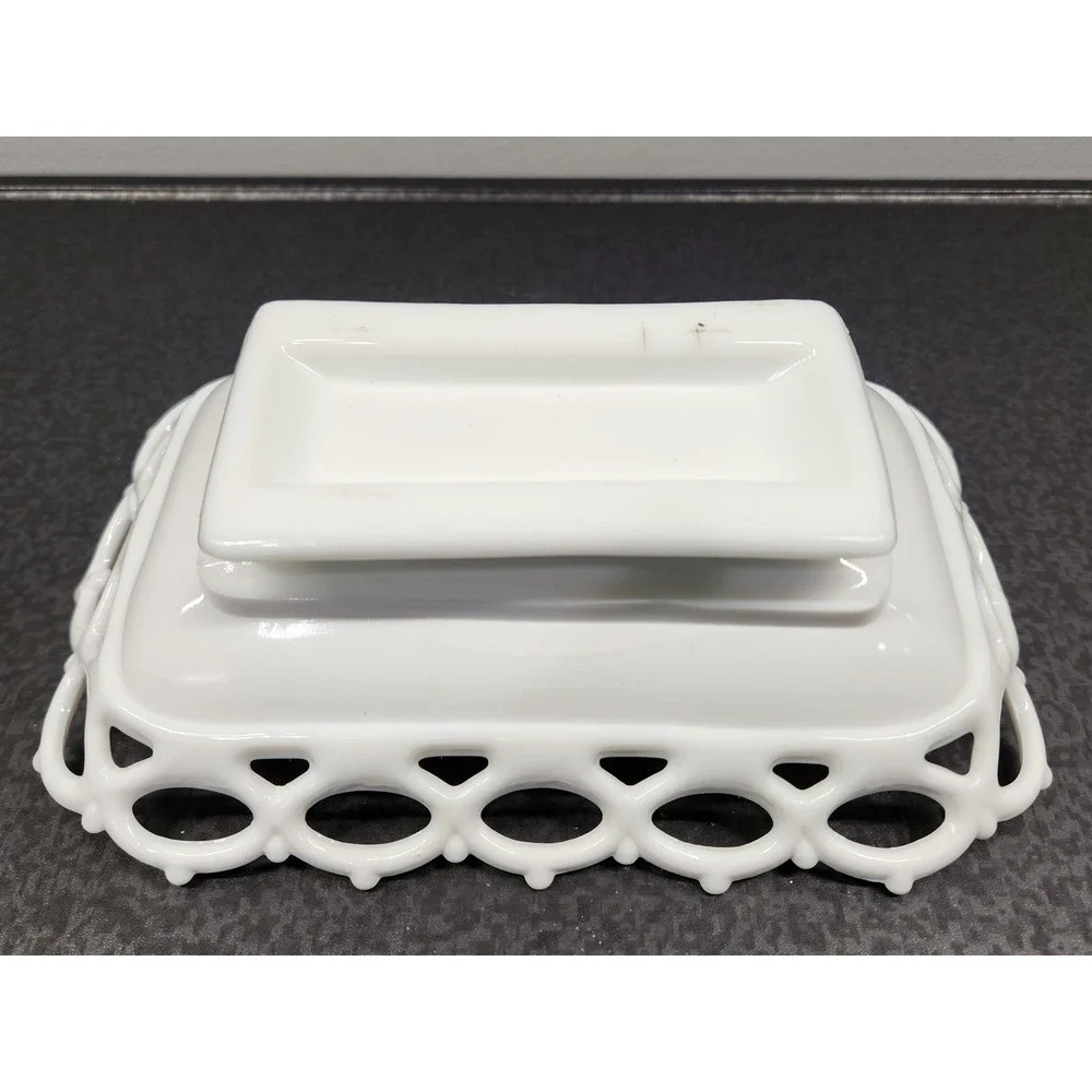 Atterbury Milk Glass Hand with Bird Lace Edge Trinket Dish Pat 1889 Good READ